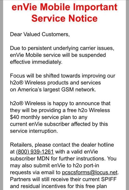 enVie Mobile Shutting Down - Verizon MVNO by H2O Wireless