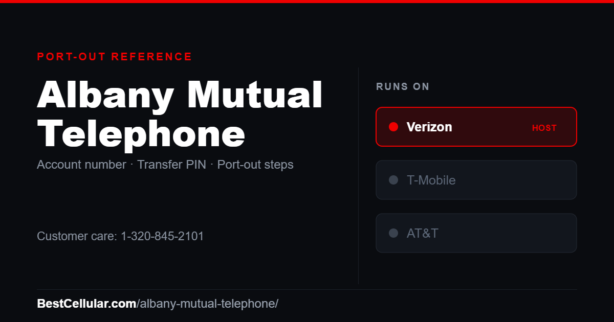 Albany Mutual Telephone runs on the Verizon network. Reference card showing where to get the Albany Mutual Telephone account number and transfer PIN.