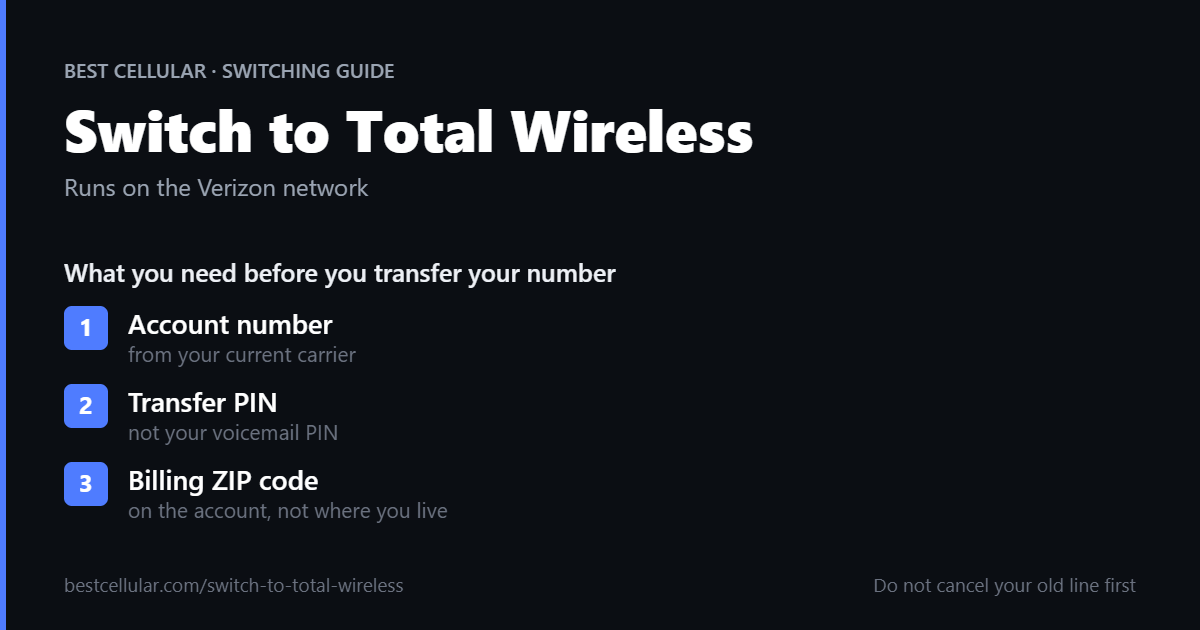 Switch to Total Wireless: account number, transfer PIN and billing ZIP code needed to transfer your number