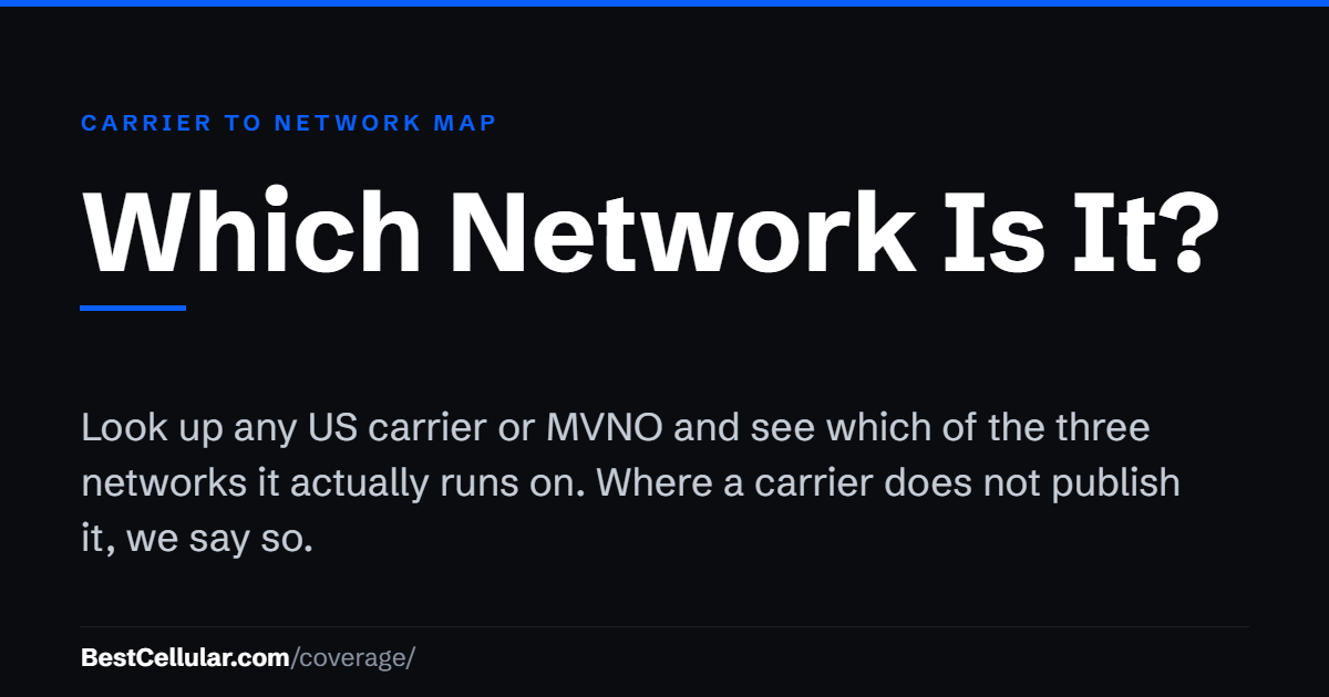Carrier to network map card. Look up any US carrier or MVNO and see which of the three US networks it actually runs on.