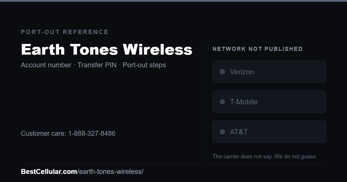 Earth Tones Wireless does not publish which network it runs on. Reference card showing where to get the Earth Tones Wireless account number and transfer PIN.
