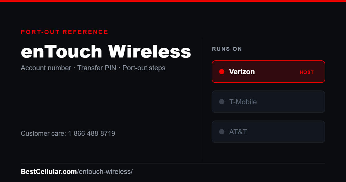 enTouch Wireless runs on the Verizon network. Reference card showing where to get the enTouch Wireless account number and transfer PIN.
