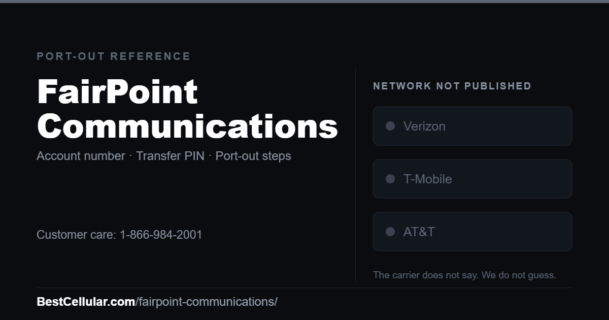 FairPoint Communications does not publish which network it runs on. Reference card showing where to get the FairPoint Communications account number and transfer PIN.