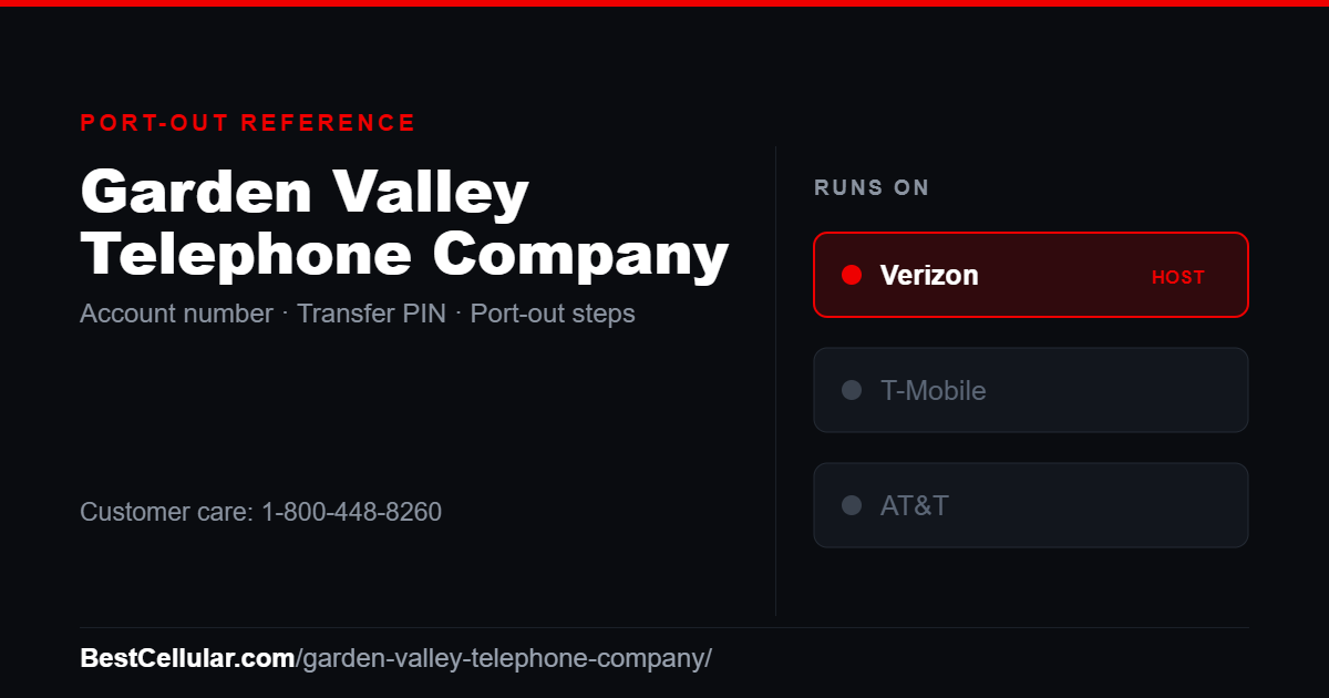 Garden Valley Telephone Company runs on the Verizon network. Reference card showing where to get the Garden Valley Telephone Company account number and transfer PIN.