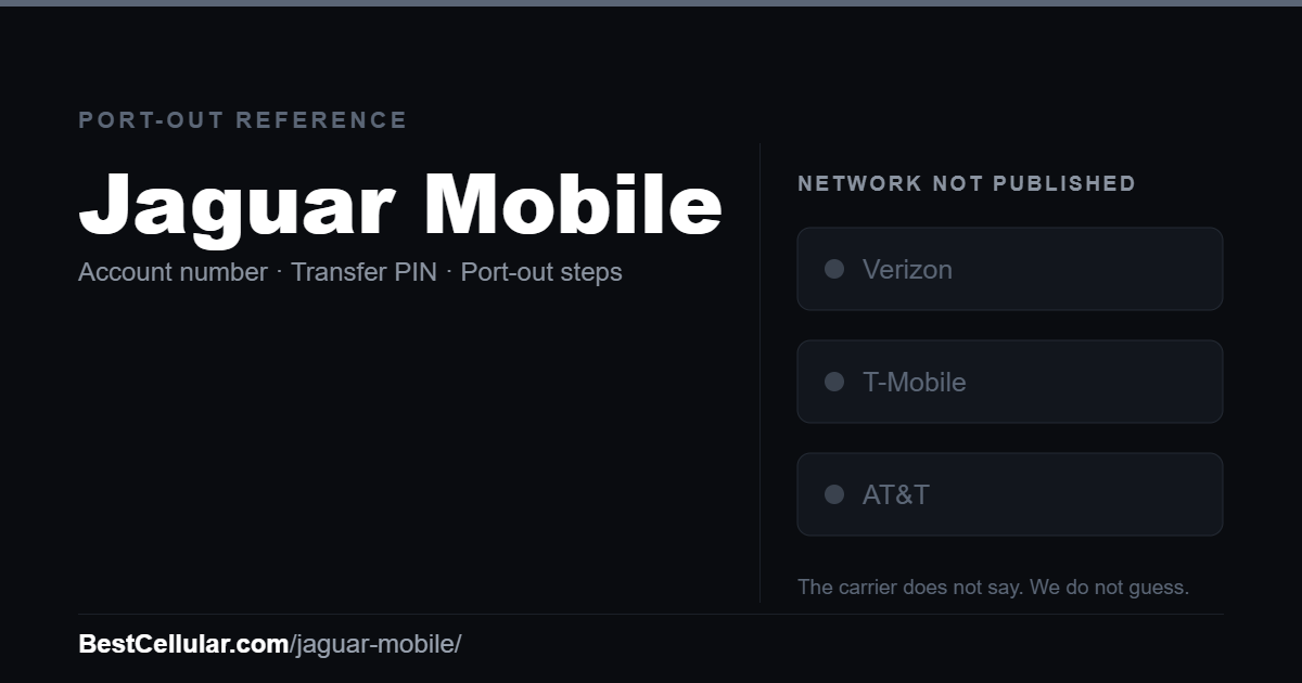 Jaguar Mobile does not publish which network it runs on. Reference card showing where to get the Jaguar Mobile account number and transfer PIN.