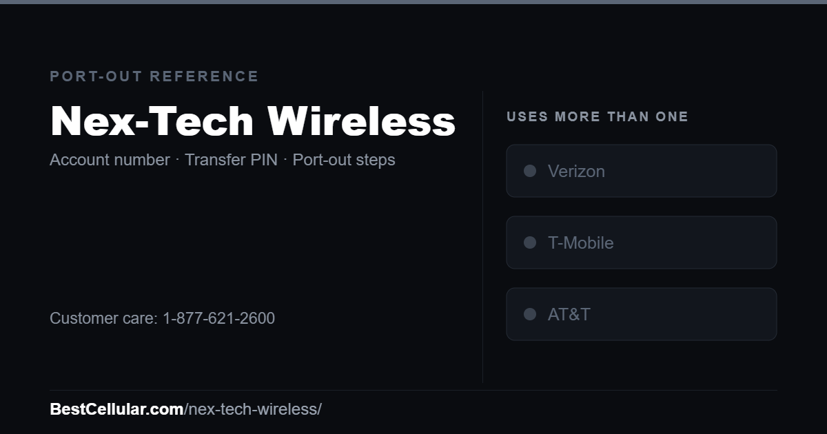 Nex-Tech Wireless uses more than one network. Reference card showing where to get the Nex-Tech Wireless account number and transfer PIN.