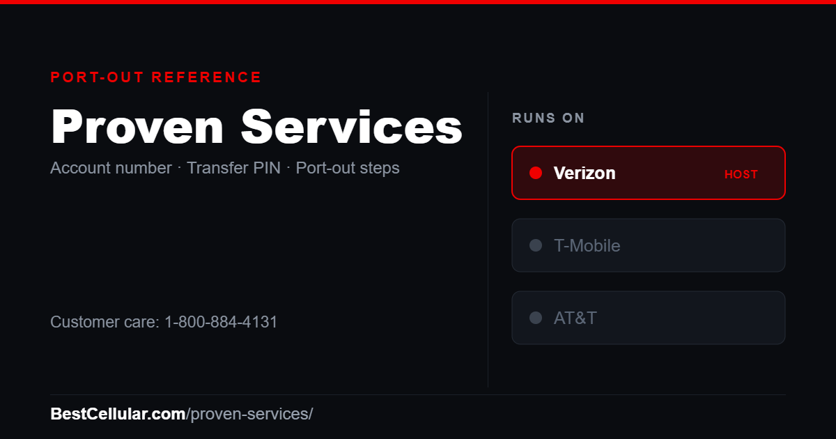 Proven Services runs on the Verizon network. Reference card showing where to get the Proven Services account number and transfer PIN.