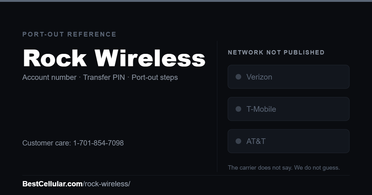Rock Wireless does not publish which network it runs on. Reference card showing where to get the Rock Wireless account number and transfer PIN.