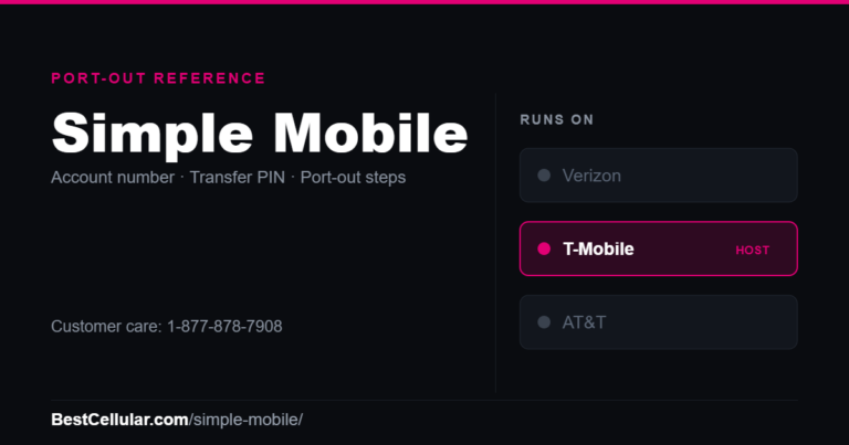 Simple Mobile runs on the T-Mobile network. Reference card showing where to get the Simple Mobile account number and transfer PIN.