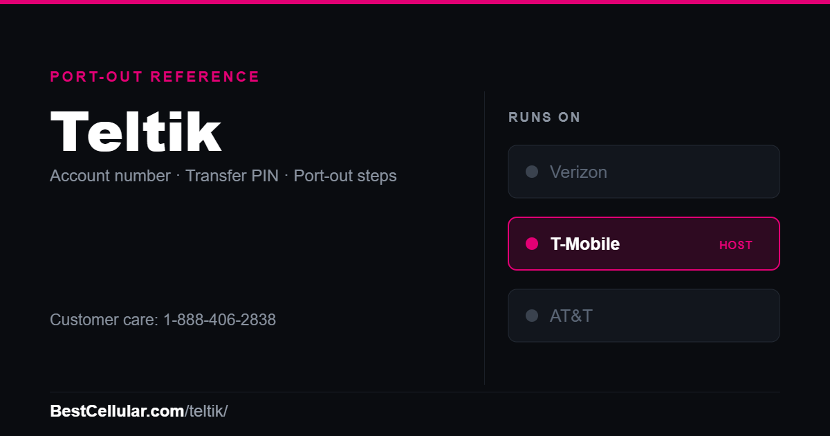 Teltik runs on the T-Mobile network. Reference card showing where to get the Teltik account number and transfer PIN.