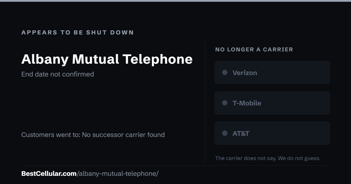 Albany Mutual Telephone cell service appears to be shut down. End date not confirmed. Customers went to: No successor carrier found. Reference card from BestCellular.com.
