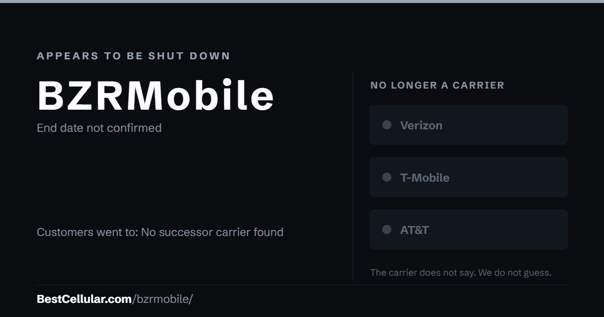 BZRMobile appears to be shut down. End date not confirmed. Customers went to: No successor carrier found. Reference card from BestCellular.com.