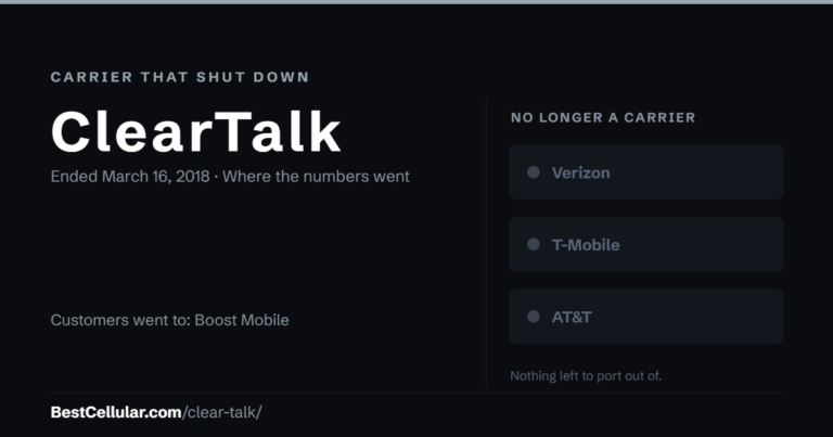 ClearTalk: carrier that shut down. Reference card from BestCellular.com.