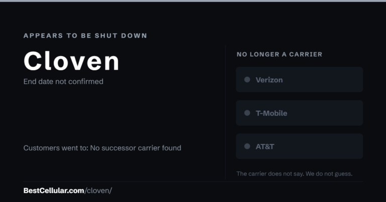 Cloven appears to be shut down. End date not confirmed. Customers went to: No successor carrier found. Reference card from BestCellular.com.