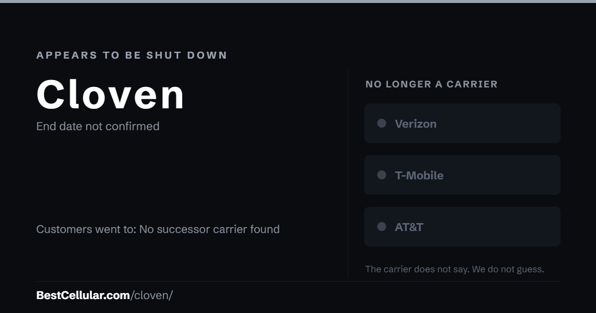 Cloven appears to be shut down. End date not confirmed. Customers went to: No successor carrier found. Reference card from BestCellular.com.