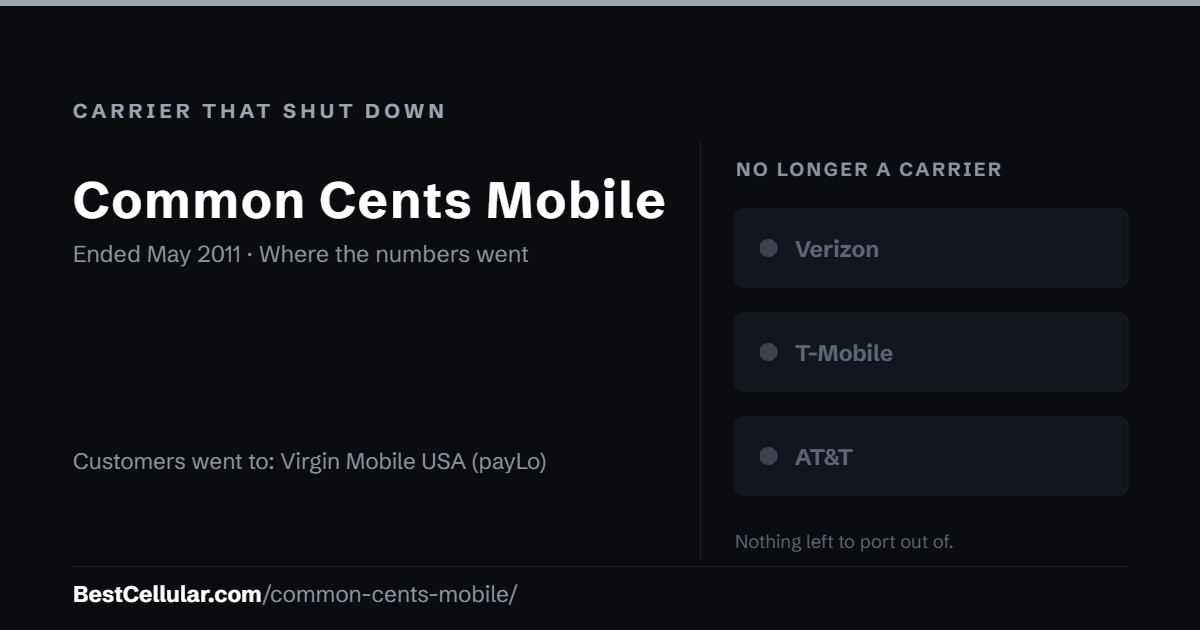 Common Cents Mobile was folded into another brand May 2011. Customers went to: Virgin Mobile USA (payLo). Reference card from BestCellular.com.