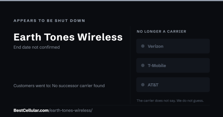 Earth Tones Wireless appears to be shut down. End date not confirmed. Customers went to: No successor carrier found. Reference card from BestCellular.com.