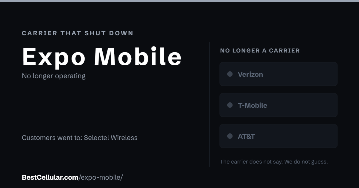 Expo Mobile shut down; end date not stated in sources. Customers went to: Selectel Wireless (customer service, December 2018). Reference card from BestCellular.com.