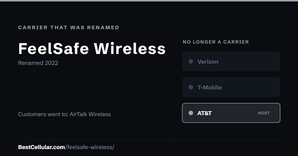 FeelSafe Wireless was renamed 2022. Customers went to: AirTalk Wireless. Reference card from BestCellular.com.