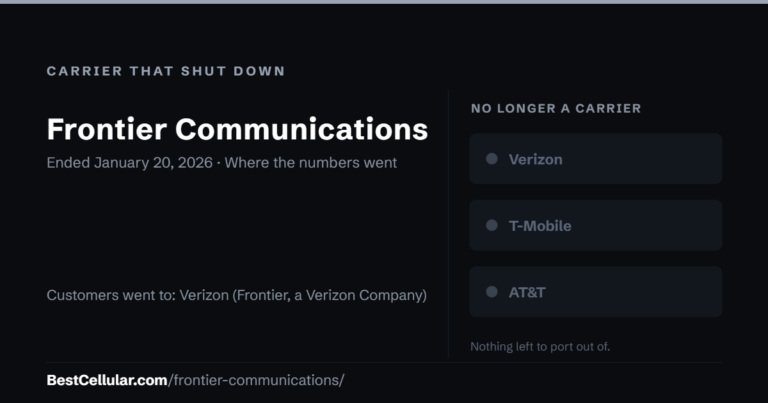 Frontier Communications: carrier that shut down. Reference card from BestCellular.com.