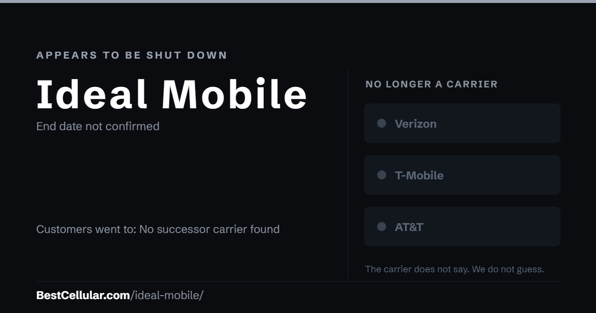 Ideal Mobile appears to be shut down. End date not confirmed. Customers went to: No successor carrier found. Reference card from BestCellular.com.