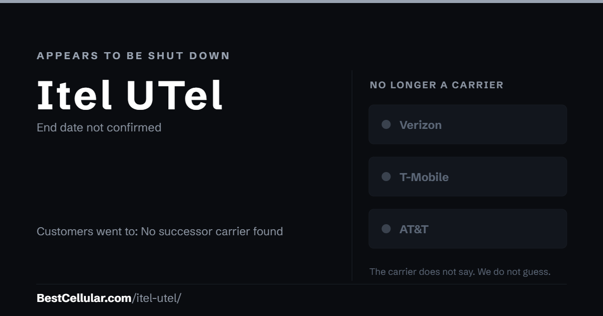 Itel UTel appears to be shut down. End date not confirmed. Customers went to: No successor carrier found. Reference card from BestCellular.com.