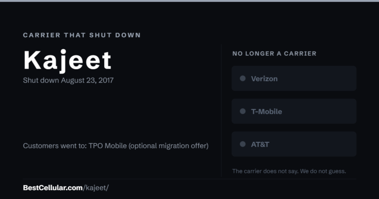 Kajeet shut down August 23, 2017. Customers went to: TPO Mobile (optional migration offer). Reference card from BestCellular.com.