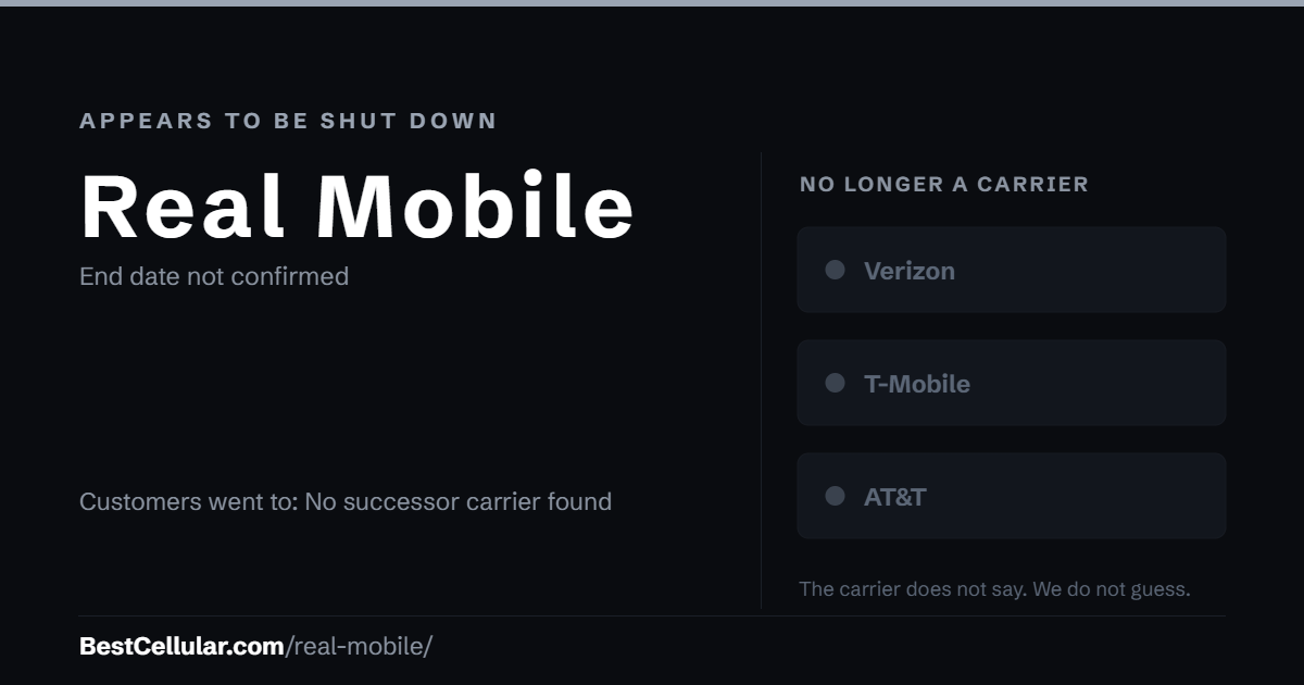 Real Mobile appears to be shut down. End date not confirmed. Customers went to: No successor carrier found. Reference card from BestCellular.com.