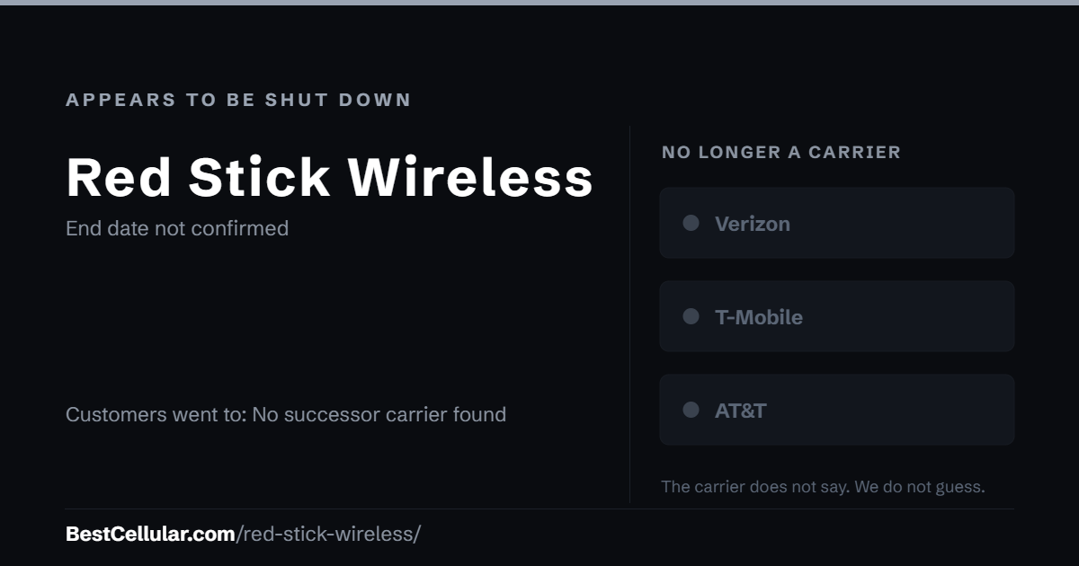 Red Stick Wireless appears to be shut down. End date not confirmed. Customers went to: No successor carrier found. Reference card from BestCellular.com.