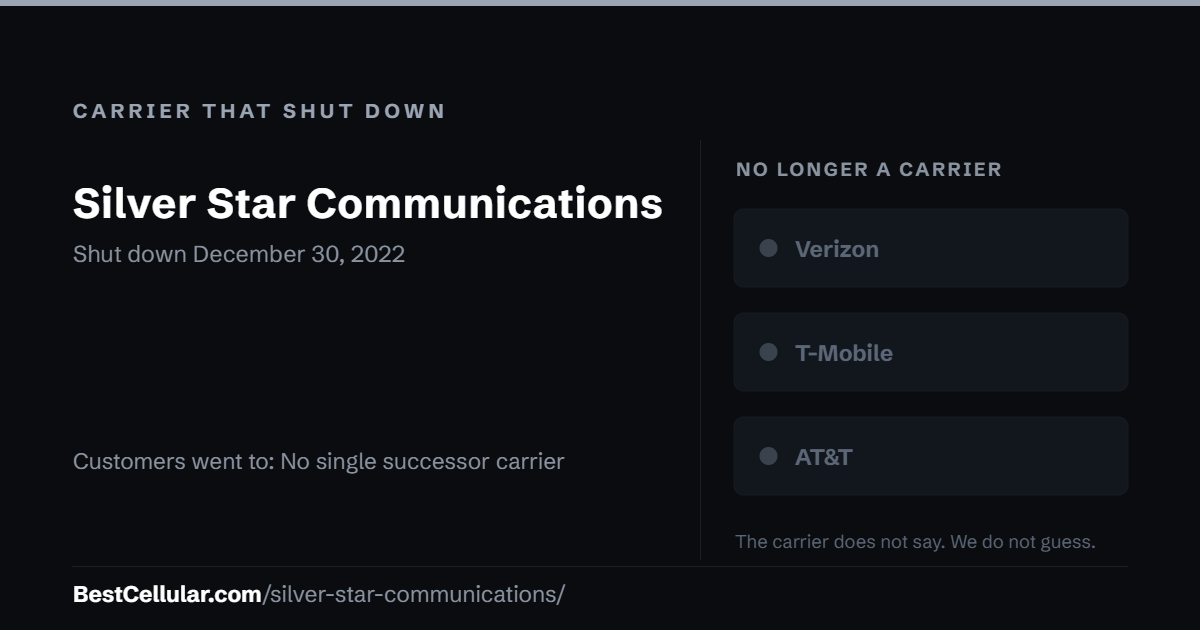 Silver Star Communications shut down December 30, 2022. Customers went to: No single successor carrier. Reference card from BestCellular.com.
