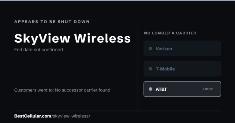 SkyView Wireless appears to be shut down. End date not confirmed. Customers went to: No successor carrier found. Reference card from BestCellular.com.