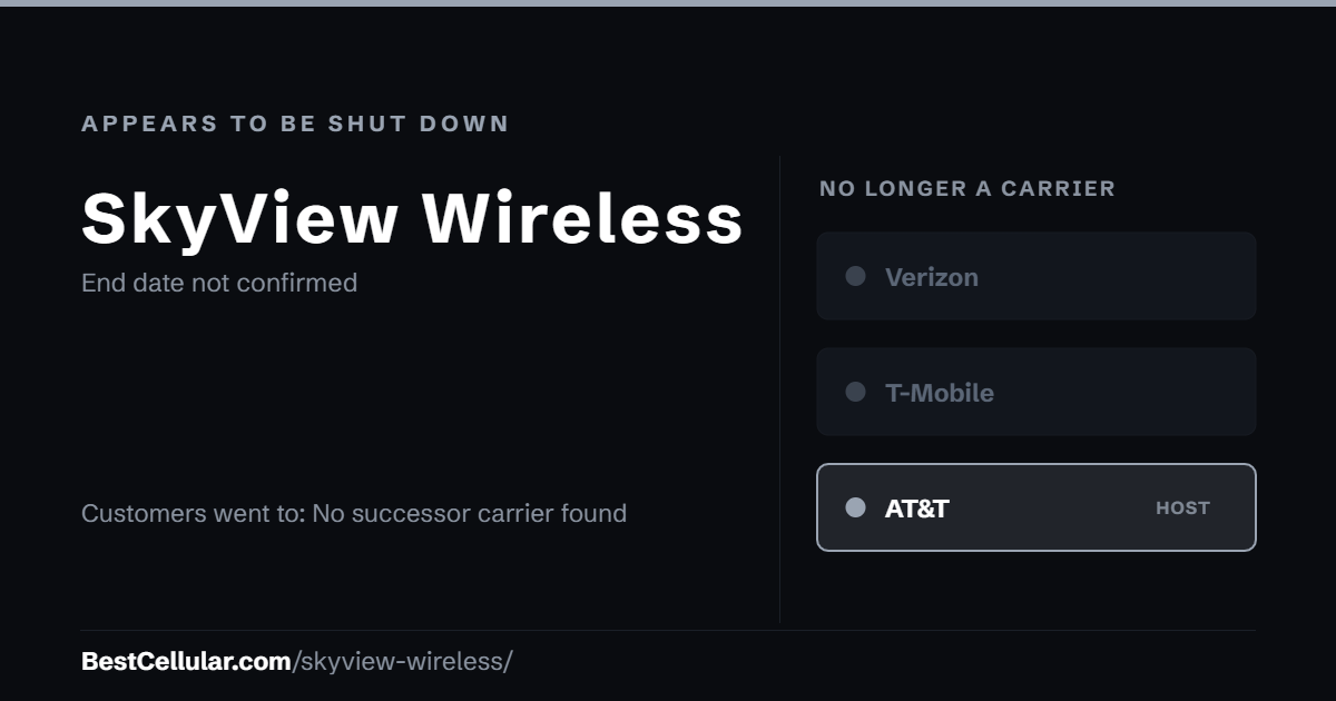 SkyView Wireless appears to be shut down. End date not confirmed. Customers went to: No successor carrier found. Reference card from BestCellular.com.