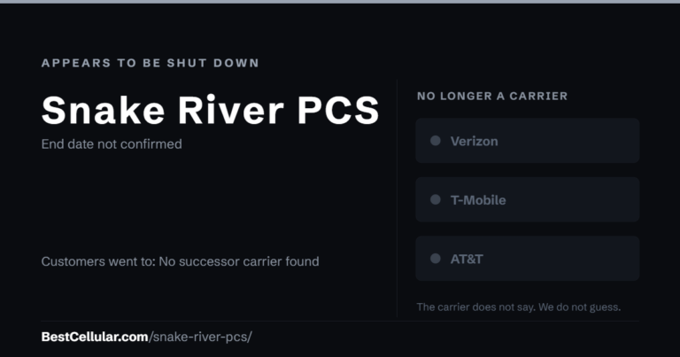 Snake River PCS appears to be shut down. End date not confirmed. Customers went to: No successor carrier found. Reference card from BestCellular.com.