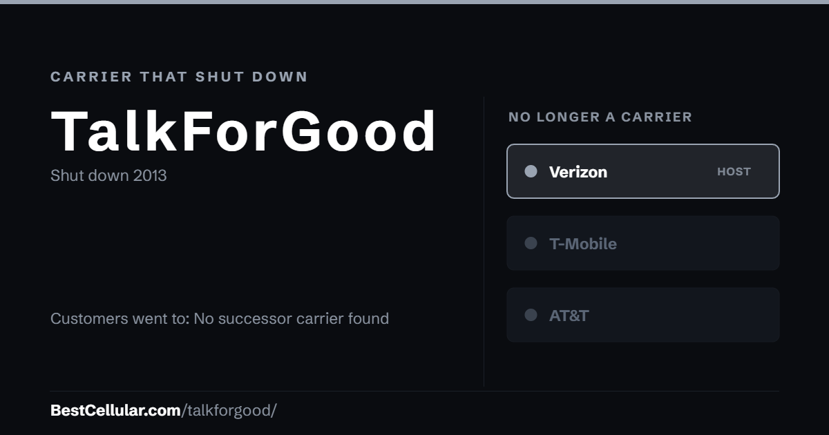 TalkForGood shut down 2013. Customers went to: No successor carrier found. Reference card from BestCellular.com.