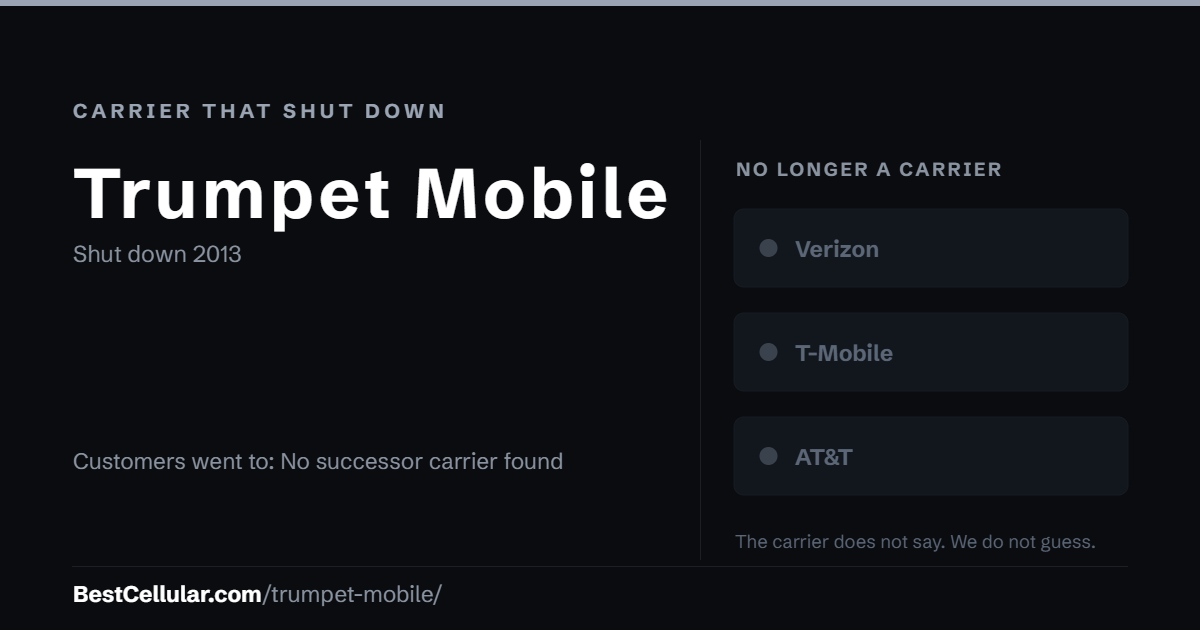 Trumpet Mobile shut down 2013. Customers went to: No successor carrier found. Reference card from BestCellular.com.