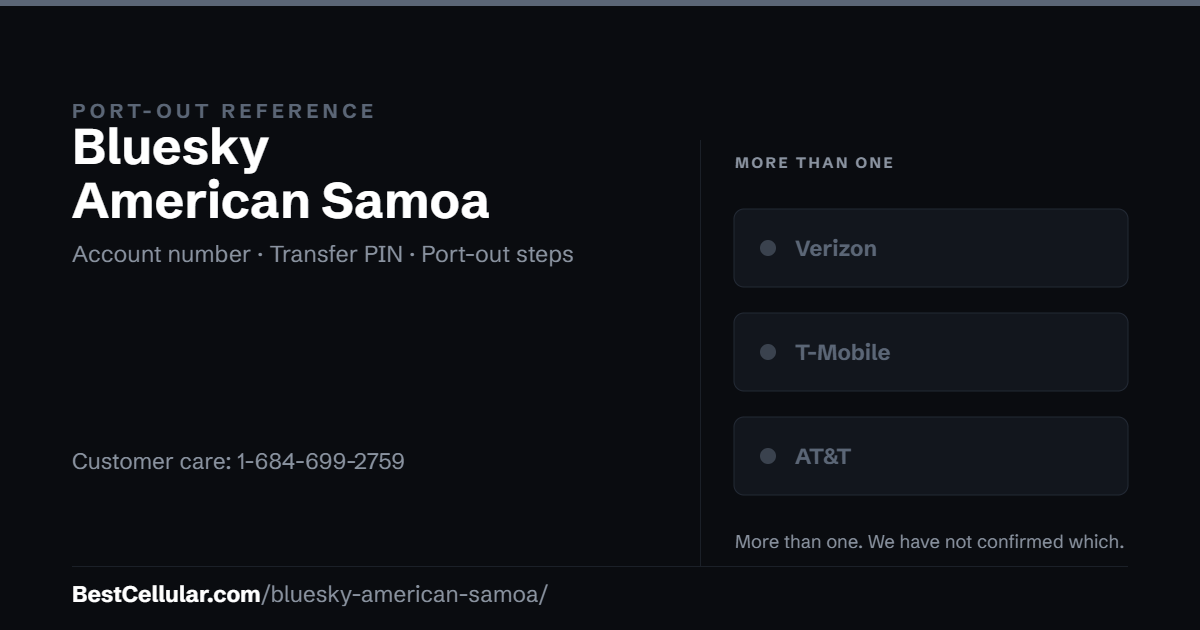 Bluesky American Samoa runs on more than one host network. Reference card showing where to get the Bluesky American Samoa account number and transfer PIN.