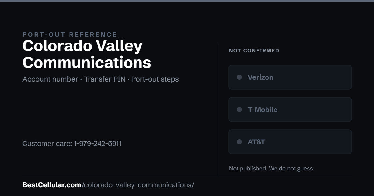 Colorado Valley Communications does not publish which network it runs on. Reference card showing where to get the Colorado Valley Communications account number and transfer PIN.