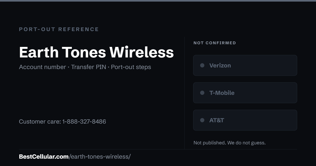 Earth Tones Wireless does not publish which network it runs on. Reference card showing where to get the Earth Tones Wireless account number and transfer PIN.