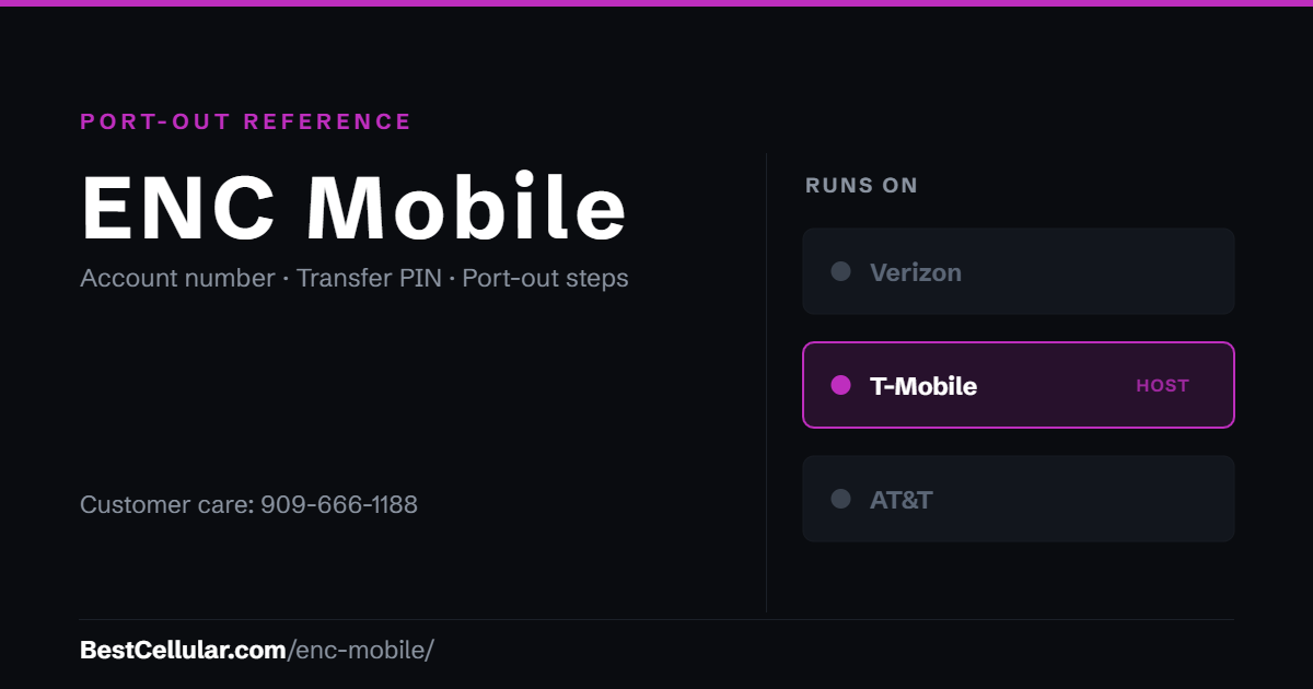 ENC Mobile runs on the T-Mobile network. Reference card showing where to get the ENC Mobile account number and transfer PIN.
