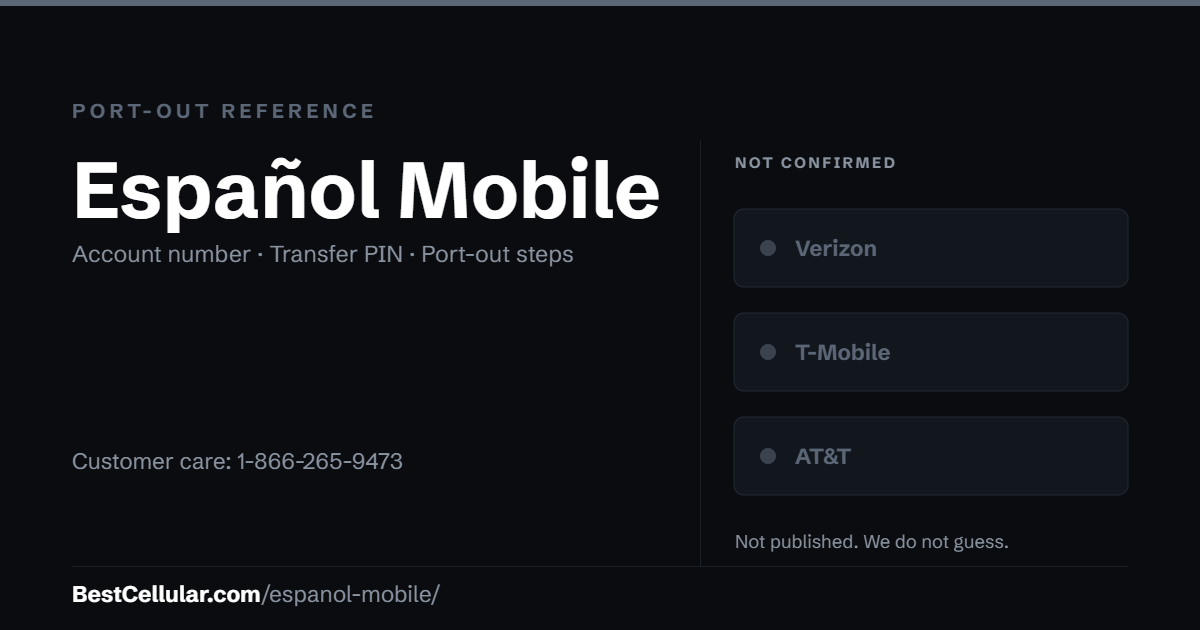 Español Mobile does not publish which network it runs on. Reference card showing where to get the Español Mobile account number and transfer PIN.
