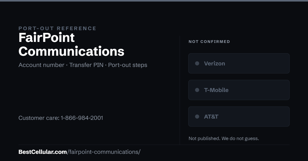 FairPoint Communications does not publish which network it runs on. Reference card showing where to get the FairPoint Communications account number and transfer PIN.