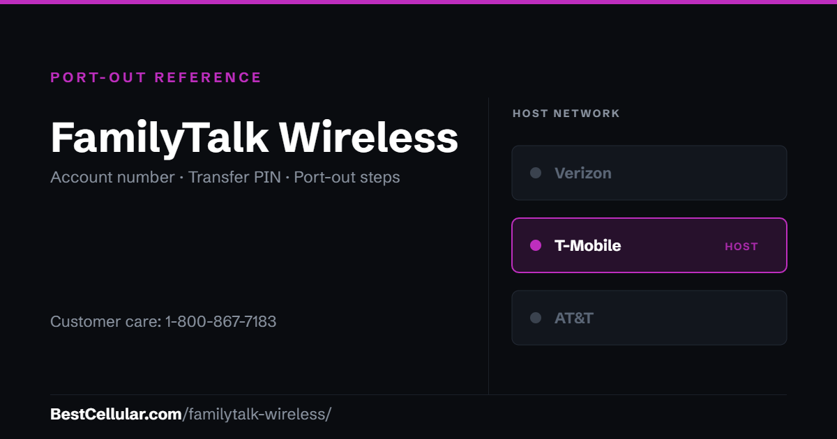 FamilyTalk Wireless runs on the T-Mobile network. Reference card showing where to get the FamilyTalk Wireless account number and transfer PIN.
