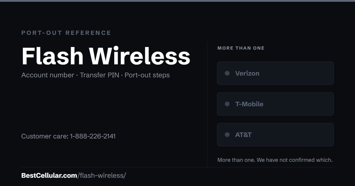 Flash Wireless runs on more than one network. Reference card showing where to get the Flash Wireless account number and transfer PIN.
