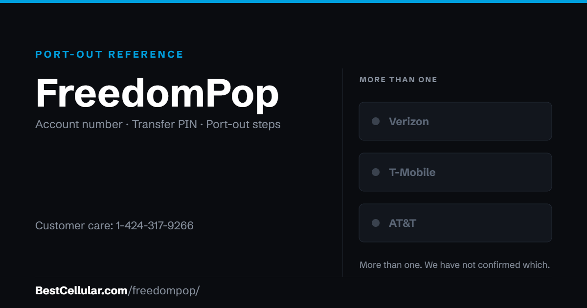 FreedomPop runs on more than one network. Reference card showing where to get the FreedomPop account number and transfer PIN.