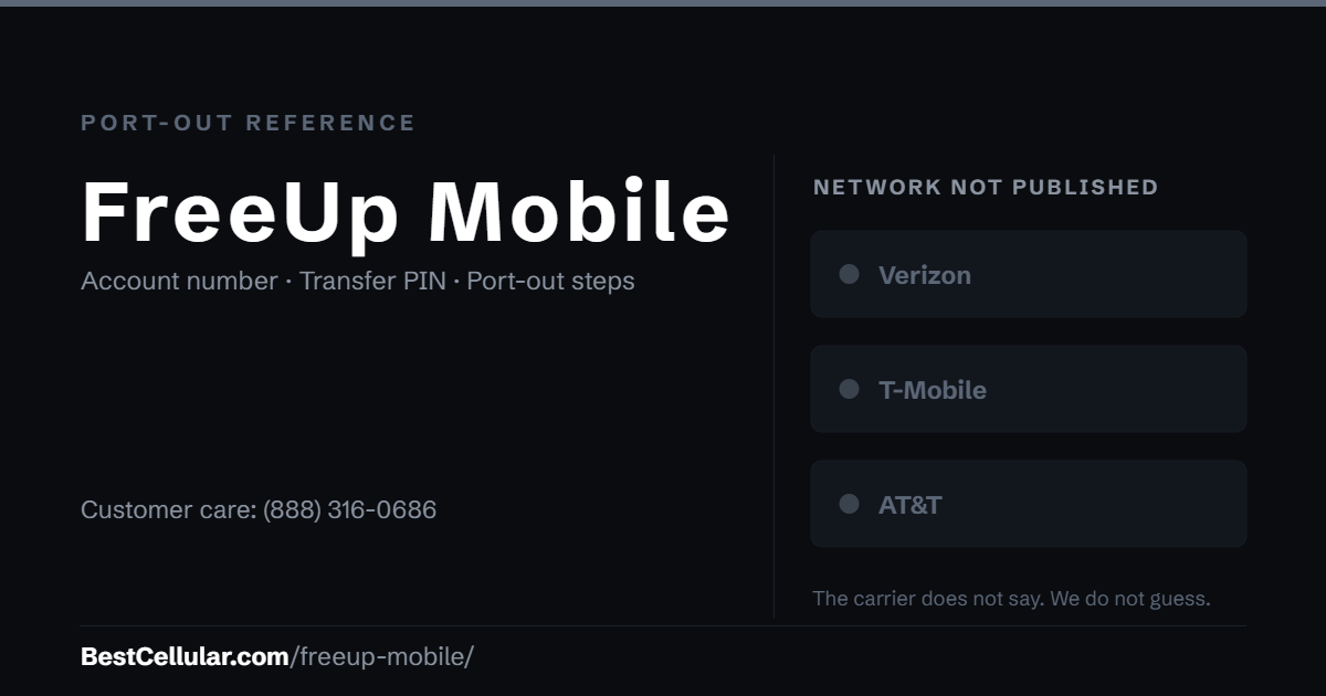 FreeUp Mobile does not publish which network it runs on. Reference card showing where to get the FreeUp Mobile account number and transfer PIN.