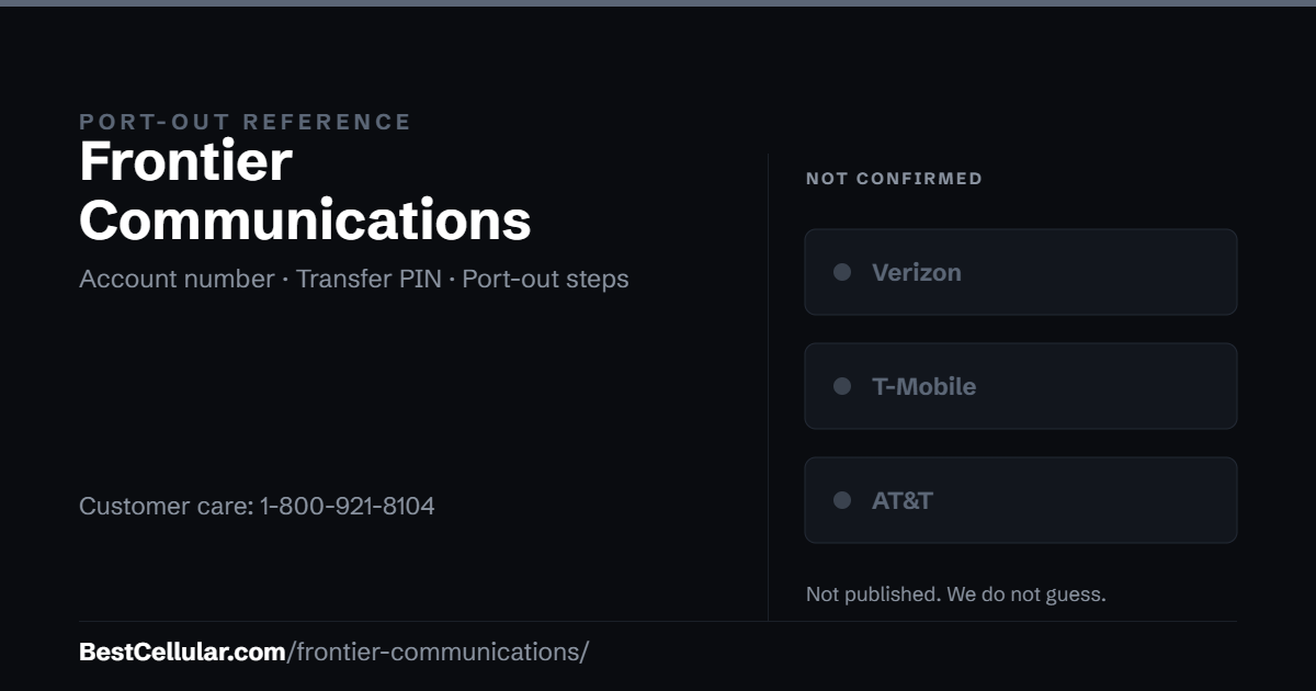 Frontier Communications does not publish which network it runs on. Reference card showing where to get the Frontier Communications account number and transfer PIN.
