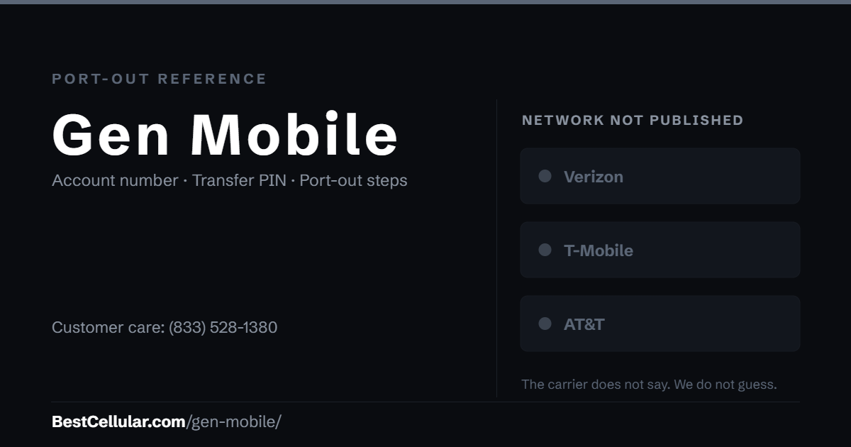 Gen Mobile does not publish which network it runs on. Reference card showing where to get the Gen Mobile account number and transfer PIN.