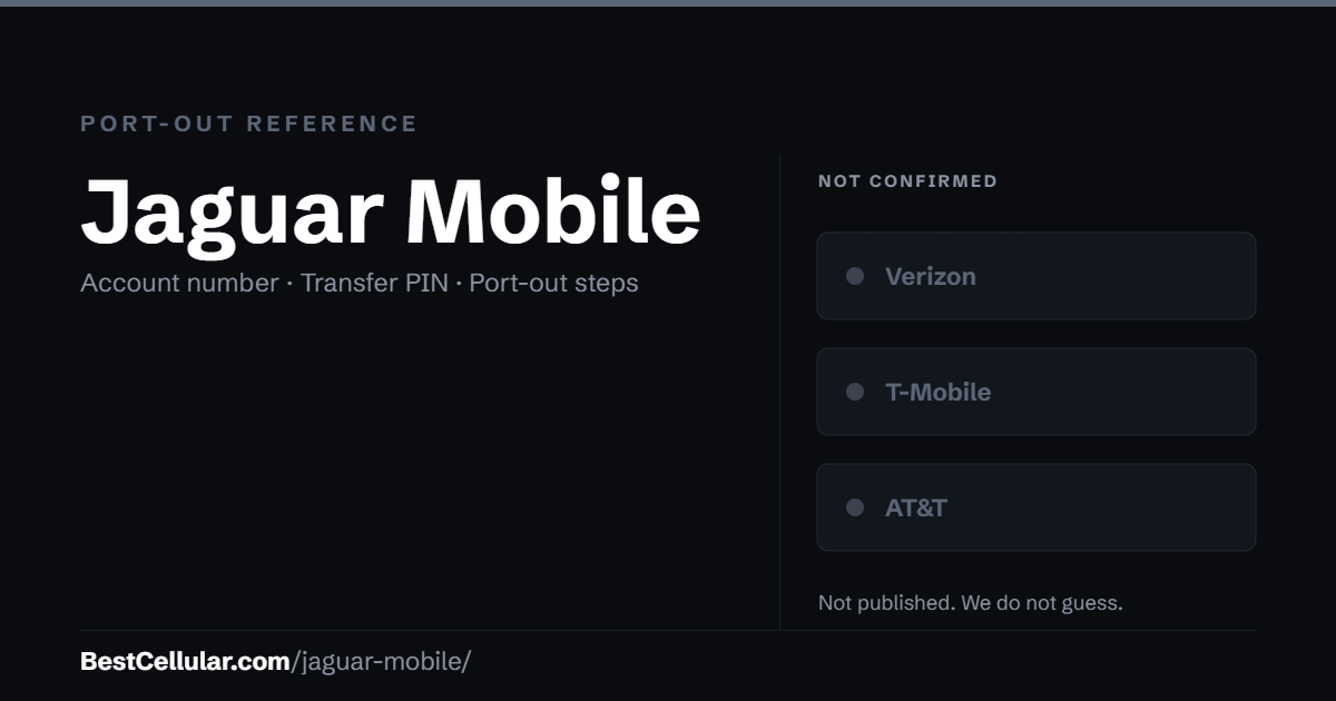 Jaguar Mobile does not publish which network it runs on. Reference card showing where to get the Jaguar Mobile account number and transfer PIN.