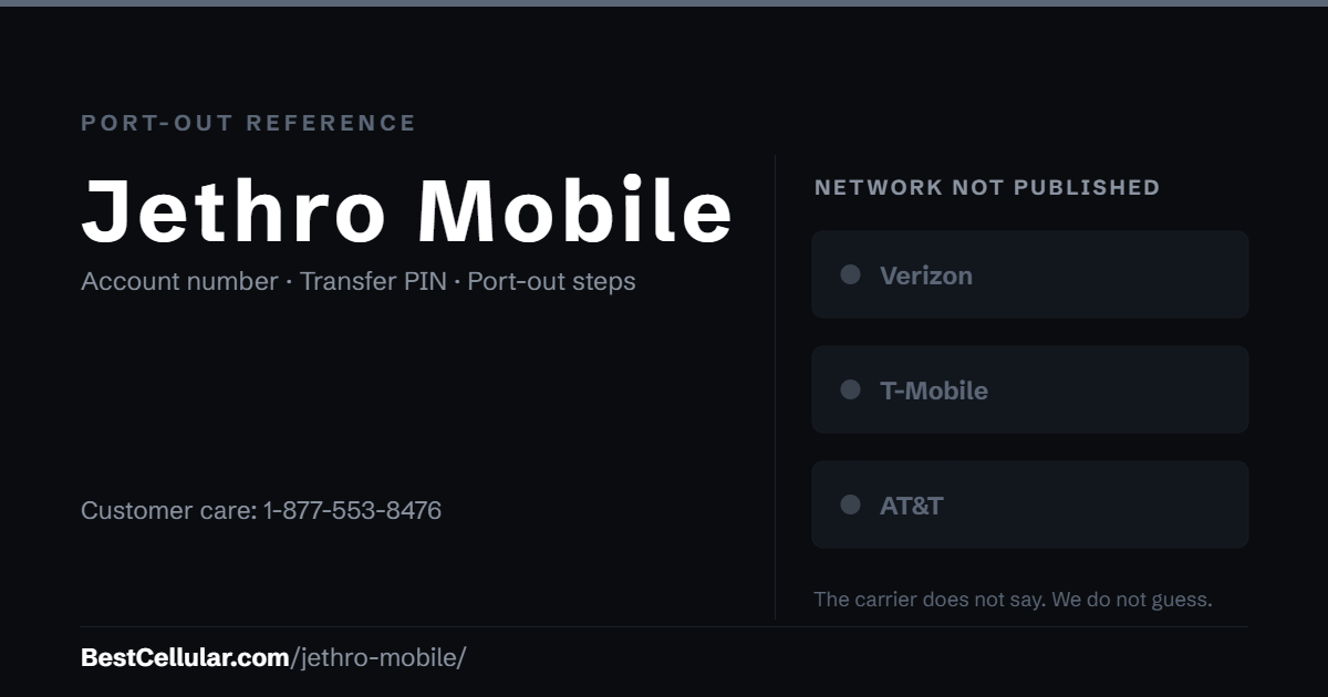 Jethro Mobile does not publish which network it runs on. Reference card showing where to get the Jethro Mobile account number and transfer PIN.
