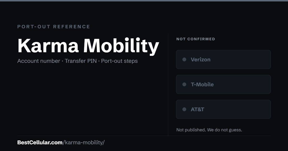 Karma Mobility does not publish which network it runs on. Reference card showing where to get the Karma Mobility account number and transfer PIN.